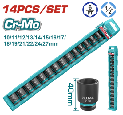 Bộ 14 đầu tuýp lục giác 1/2" DR. dùng cho máy siết bu loong Hiệu TOTAL THISTD12146