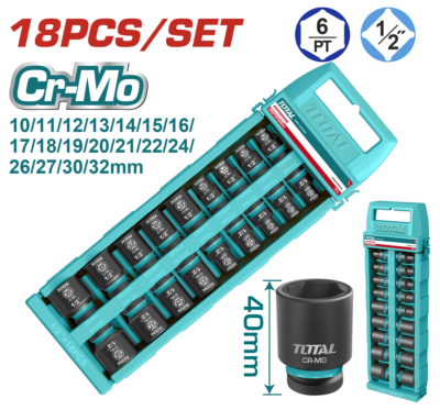 Bộ 18 đầu tuýp lục giác 1/2" DR. dùng cho máy siết bu loong Hiệu TOTAL THISTD12186