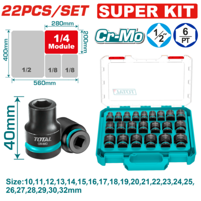 Bộ 22 đầu tuýp lục giác 1/2" DR. dùng cho máy siết bu loong Hiệu TOTAL THISTD12226