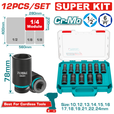 Bộ 12 đầu tuýp lục giác sâu 1/2" DR. Hiệu TOTAL THKISD12126L