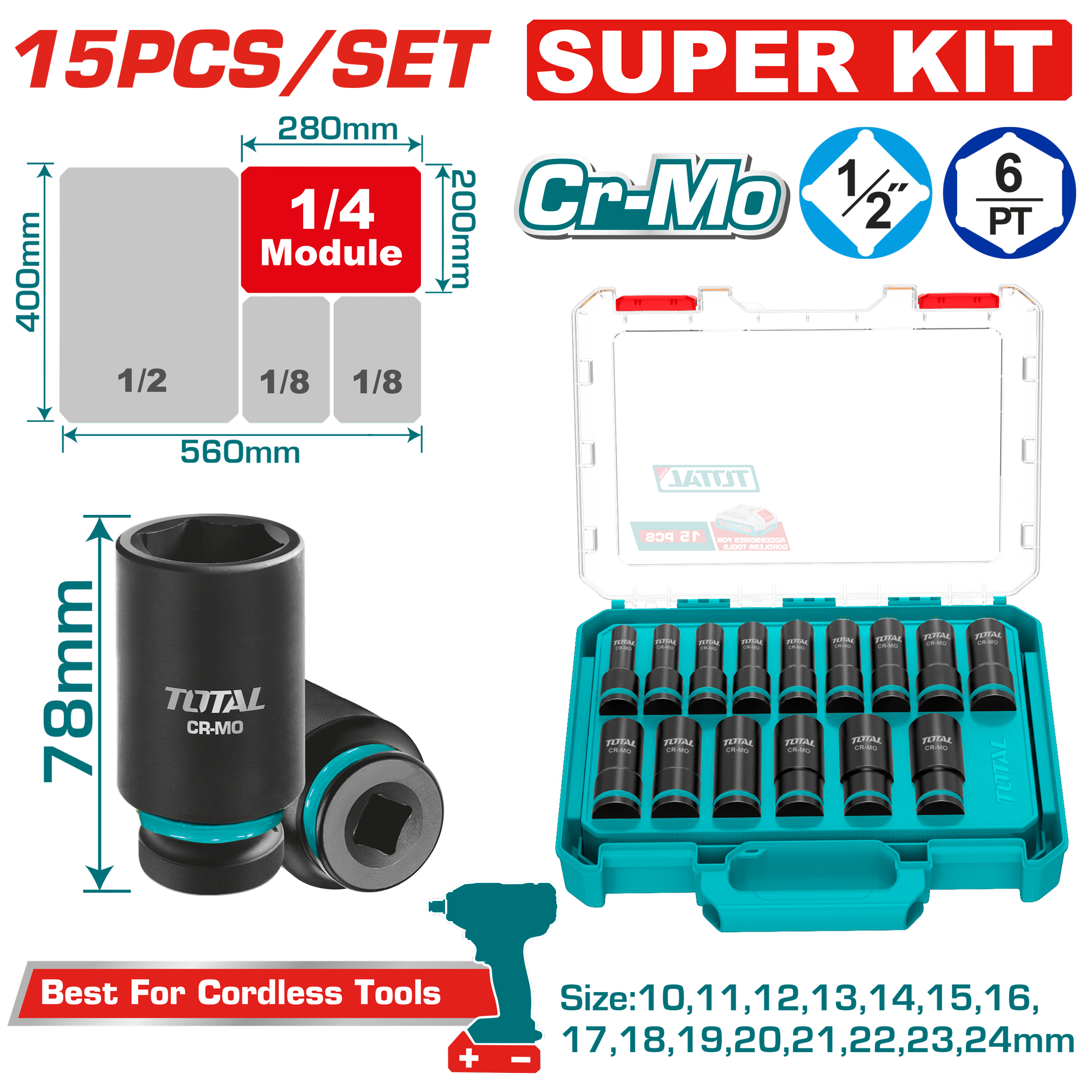 Bộ 15 đầu tuýp lục giác sâu 1/2" DR. 10-24mm Hiệu TOTAL THKISD12156L