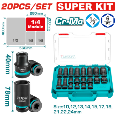 Bộ 20 đầu tuýp lục giác 1/2" DR. dùng cho máy siết bu loong Hiệu TOTAL THKISD12206L