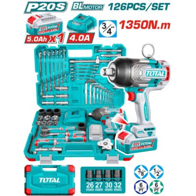 Bộ 126 món bao gồm máy siết buloong TIWLI201351 cầm tay không chổi than dùng pin Lithium-ion Total THKTHP31262
