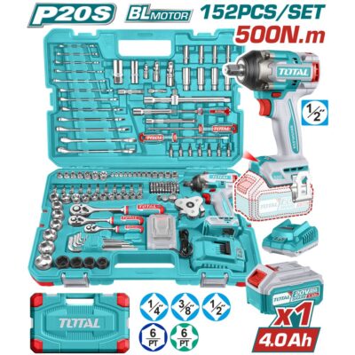 Bộ 152 món gồm máy siết bu lông không chổi than dùng pin 20V Total THKTHP31522