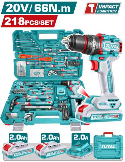 Bộ 218 món bao gồm máy khoan búa TIDLI206681 không chổi than dùng pin 20V Hiệu TOTAL THKTHP42187