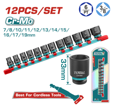 Bộ 12 đầu tuýp lục giác 3/8" DR. dùng cho máy siết bu loong Hiệu TOTAL THTISD38128