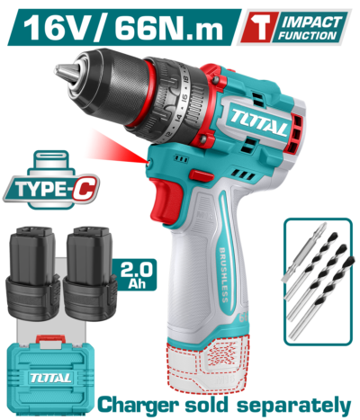 Máy khoan búa không chổi than dùng pin 16V (không kèm sạc) Hiệu TOTAL TIDLI16665
