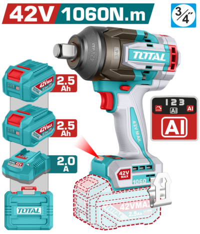 Máy siết buloong 1060N.m không chổi than dùng pin 42V Hiệu TOTAL TIWLI421062