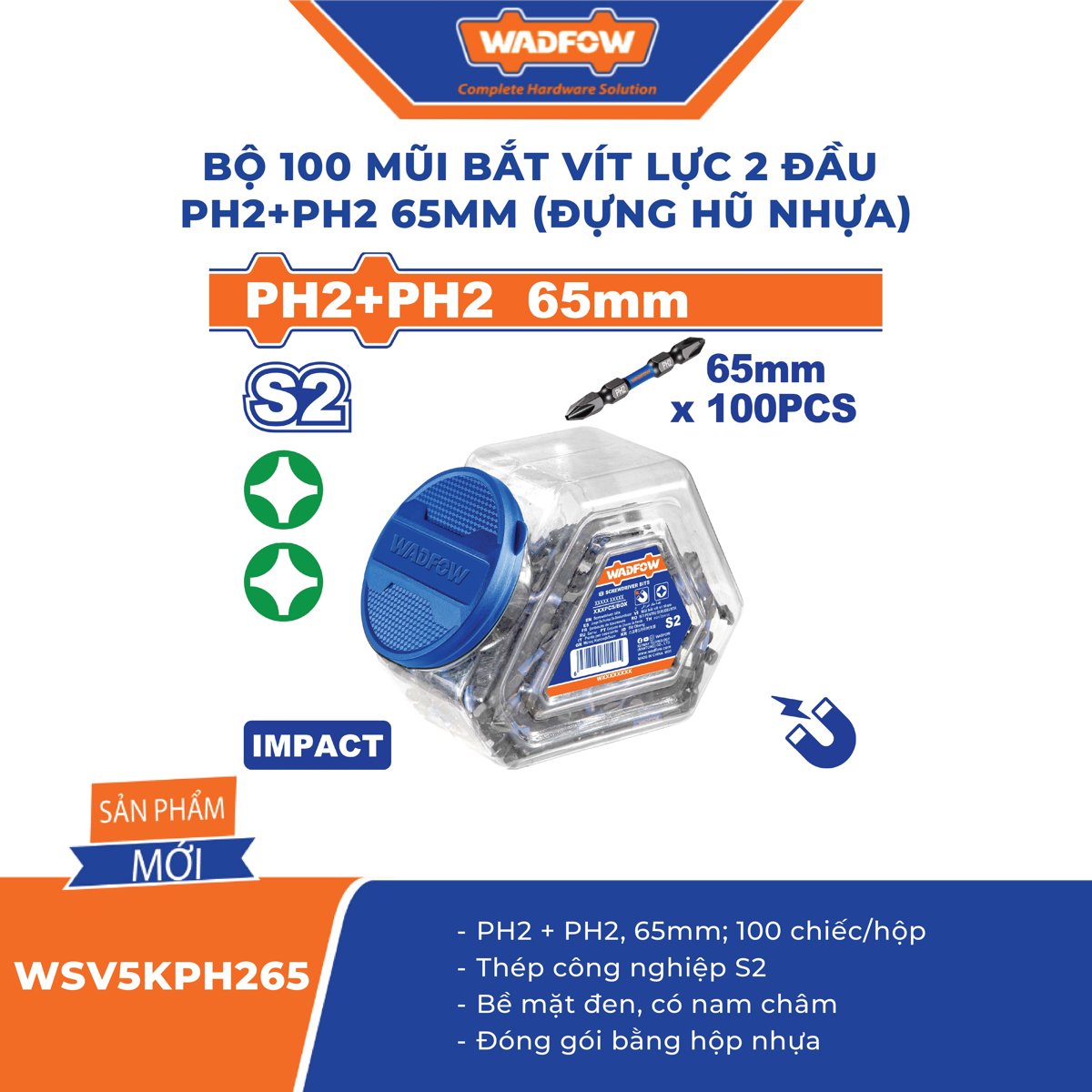 WSV5KPH265_2 Bộ 100 mũi bắt vít 2 đầu PH2+PH2 65mm WADFOW WSV5KPH265