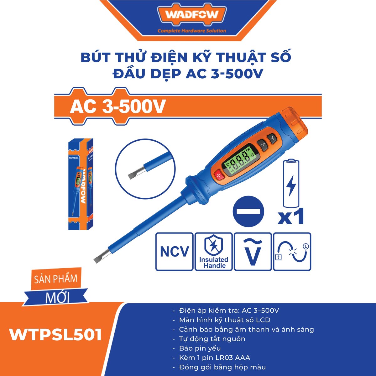 WTPSL501_2 Bút thử điện kỹ thuật số đầu dẹp AC 3-500V WADFOW WTPSL501